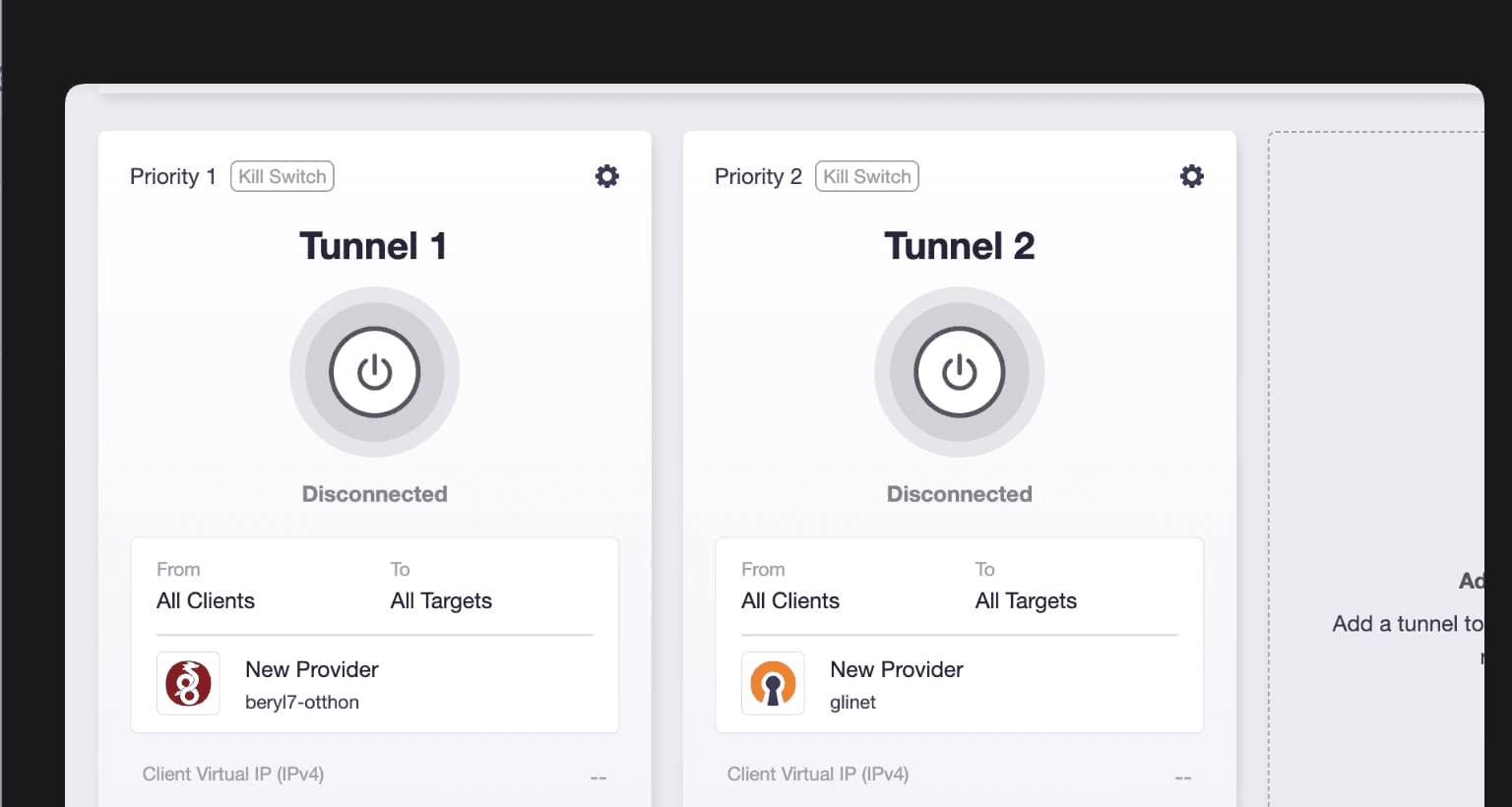 Панель GL.iNet VPN Dashboard с туннелями WireGuard и OpenVPN