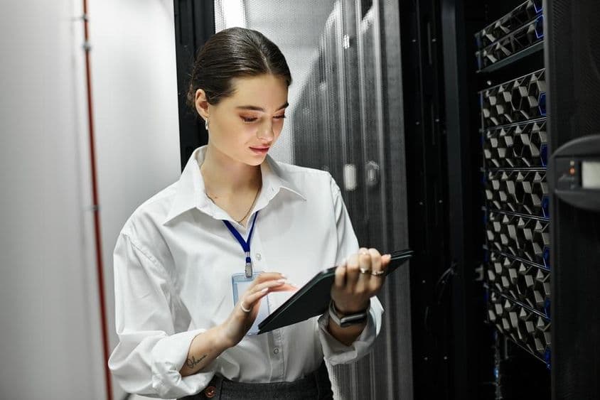 Fehér inges nő dolgozik egy tableten egy nyüzsgő szerverszobában.