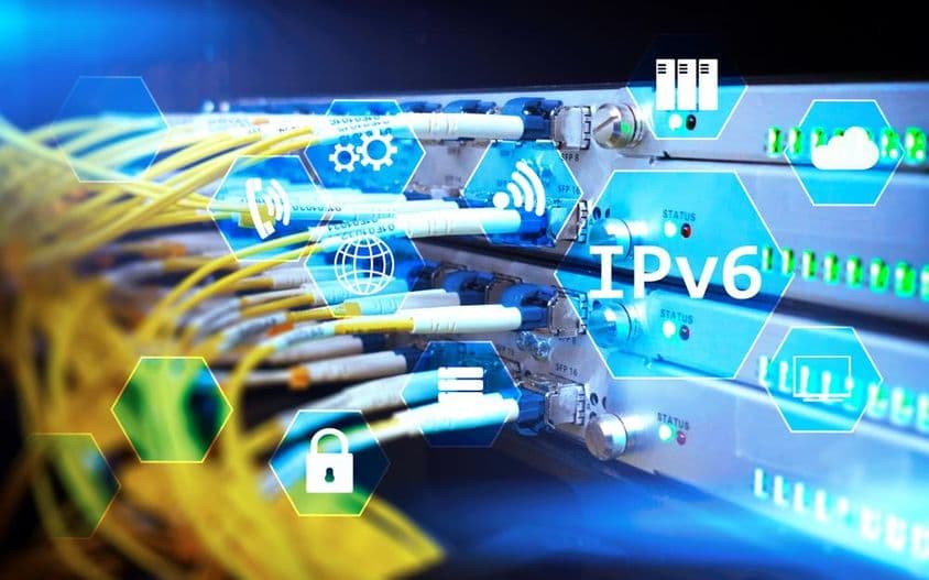 Ipv6 hálózati technológia a szerverszoba hátterén.