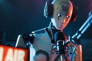 Humanoid mesterséges intelligencia robot dolgozik a rádióállomás stúdiójában.