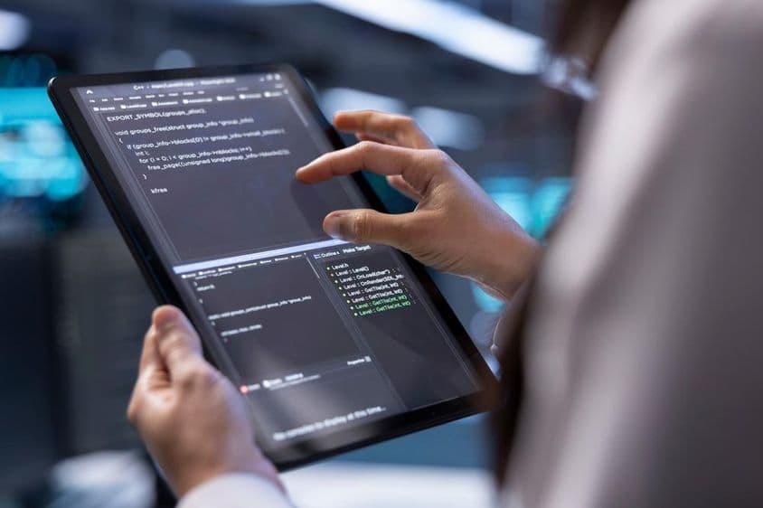 Adminisztrátor diagnosztikai eszközöket és szoftvert használ táblagépen.