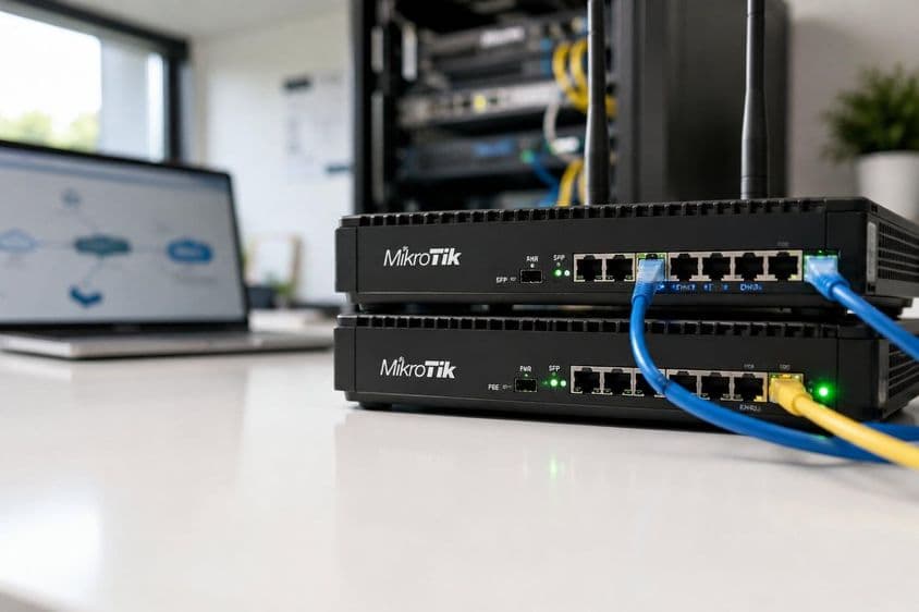 MikroTik hálózati eszközök modern irodában